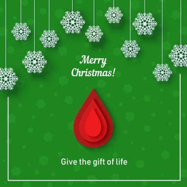 Kağıt kesme tarzında kan bağışı kartı kırmızı damla. Halat üzerinde kar taneleri ile Merry Christmas etiket kan transfüzyon u teşekkür ederiz. Vektör kavramı tıbbi bakım afiş hemofili, anemi lösemi hastalığı