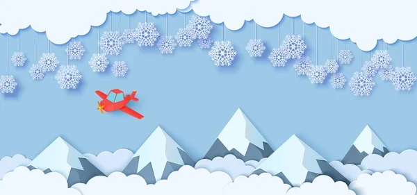 Copos de nieve en las cuerdas que cuelgan sobre las montañas y avión rojo volando en estilo de corte de papel. Nubes en el cielo azul, llanura y montañas cubiertas de nieve. Vector de corte en papel concepto de invierno. Feliz Navidad venta . — Vector de stock