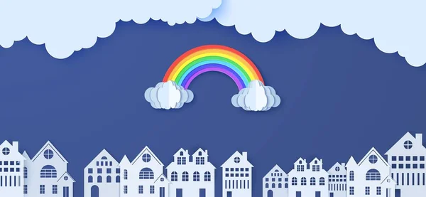 Regenbogen und Wolken über Häusern im Scherenschnitt-Stil. Vektorbewölktes Wetter vor blauem Himmel und weißen, papiergeschnittenen Stadtgebäuden. Monsun Verkauf Werbung Förderung kreative Banner Vorlage — Stockvektor