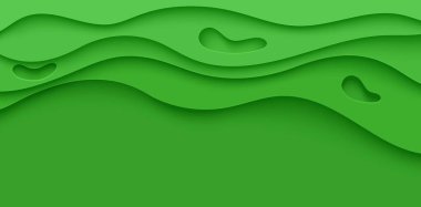 Kesik kağıt stilinde soyut yeşil el ilanı. Dünya posterlerini, ekoloji broşürlerini, sunumları, metin için yer alan davetleri kaydetmek için çim dalga şablonunu kes. Vektör yatay kart resimlemesi