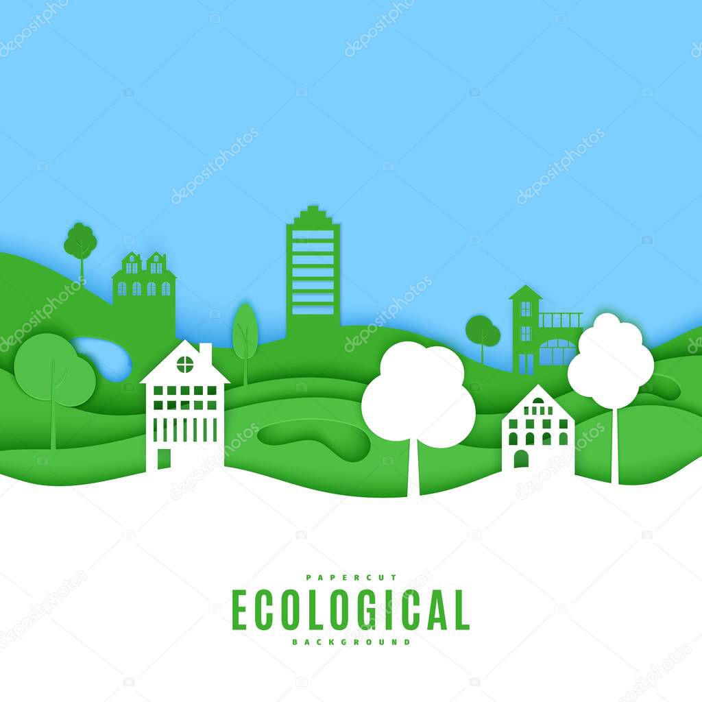 Cutout paper trees and building green and white wave blue sky. Template in cut paper style for save the Earth posters, city ecology brochures, ienvironmental Protection. Vector card illustration