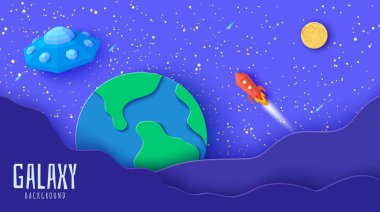 Kağıt kesim tarzında uzay manzarası. Çizgi film Ay ve Dünya gezegenleri, kırmızı çokgen roket ve origami UFO. Kağıt sanatları galaksisinin çocuk çizimi. Yıldızlı gece gökyüzünde uçan daire ile 3D vektör kartı