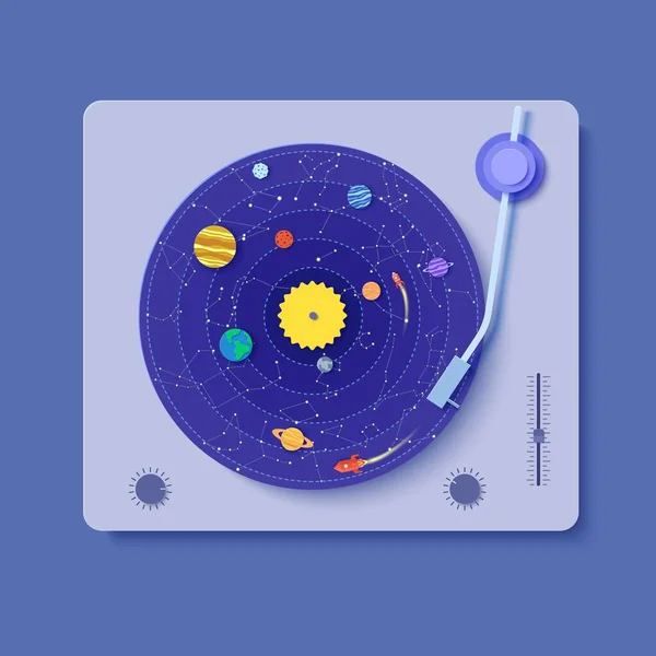 Gramofone com registro de vinil azul em estilo de corte de papel. 3d ilustração de constelações foguete e planetas do sistema solar. Saturno Júpiter Vênus Sol Netuno e galáxia, Vector festa decoração modelo . —  Vetores de Stock