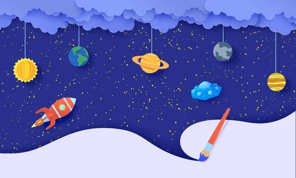 Ruimte met planeten op touw vliegende rode veelhoekige raket en UFO in papier gesneden stijl. Snijd 3D-abstracte achtergrond met bewolkte nachtelijke hemel en vliegende schotel en penseel trekken. Vectorkaartillustratie — Stockvector