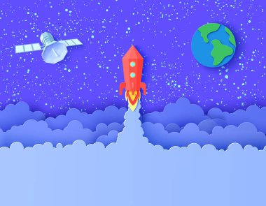 Kırmızı roket uzayda kağıt kesiği şeklinde fırlatıldı. Galaksi Evreni, yıldızlı gökyüzü bulutlarında uydusu olan 3D peyzaj. Kartondan kesilmiş Dünya gezegeni. Vektör çocuk illüstrasyonu.