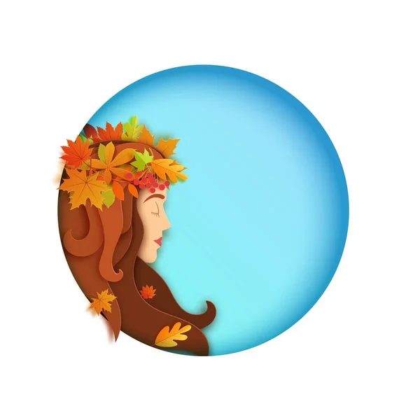 Concepto de niña de otoño en estilo de corte de papel. Ilustración de tarjeta vectorial — Vector de stock