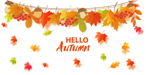 Automne feuilles d'automne et la récolte pendent sur une corde dans le style de coupe de papier. Carte vectorielle — Image vectorielle