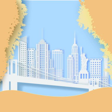 Sonbahar mevsiminde New York 'ta kağıt kesimi tarzında manzaralar. Vektör 3D NYC Panoraması
