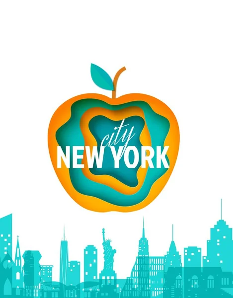 New York táj és réteges alma formájában papír vágott stílus Vektor illusztráció — Stock Vector