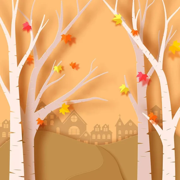 Temporada de otoño en el bosque en estilo de arte de papel. Ilustración vectorial 3d — Vector de stock