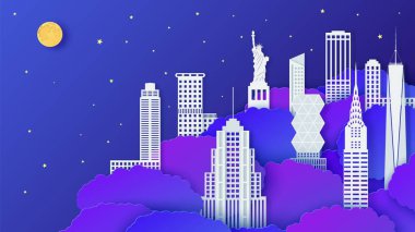 New York şehir simgesi gece yarısı kağıt kesim tarzında. 3d vektörü
