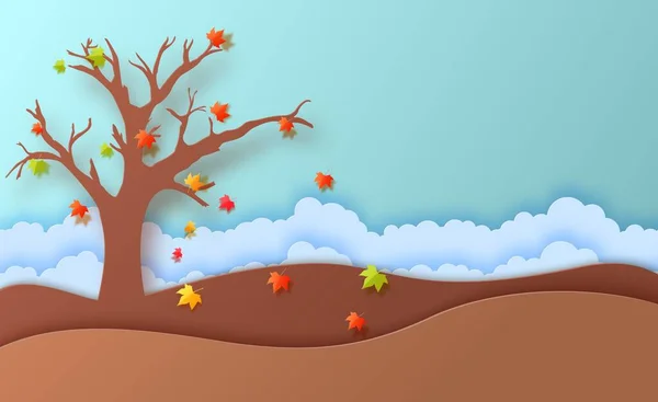 Stagione autunnale foglie autunnali e paesaggio nuvoloso in stile cartaceo. Illustrazione vettoriale 3d — Vettoriale Stock