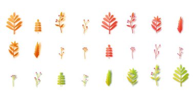 Kağıt kesim tarzında renkli sonbahar yaprakları. Kırmızı, sarı, turuncu ve yeşil yaprak ve kartondan kesilmiş böğürtlen koleksiyonu. Sonbahar kartı tasarımı için farklı 3D bitki ve bitkiler