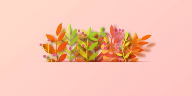 Sonbahar, kağıt kesim tarzında arkaplan bırakır. Farklı renk yapraklarının gerçekçi gölgeli üç boyutlu gösterimi. Karton elementlerden kesilmiş, pembe arka planda sonbahar tatili dekorasyonu.