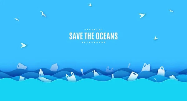 Fermare Oceano Modello Design Banner Inquinamento Plastica Stile Taglio Carta — Vettoriale Stock