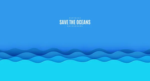 Borda ondulada no estilo de corte de papel. Cartão de vetor Dia Mundial dos Oceanos 8 de junho — Vetor de Stock