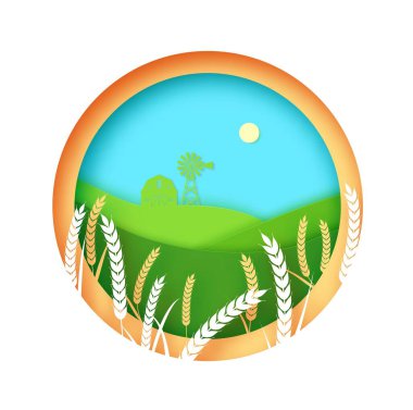 Buğday ambarı ve kağıt kesim tarzında yel değirmeni dikenli tarım arazisi. 3D yuvarlak çerçeve, sonbaharda çiftliği kaplayan kağıt, çayırı kesiyor. Çevre koruma kavramının vektör illüstrasyonu.