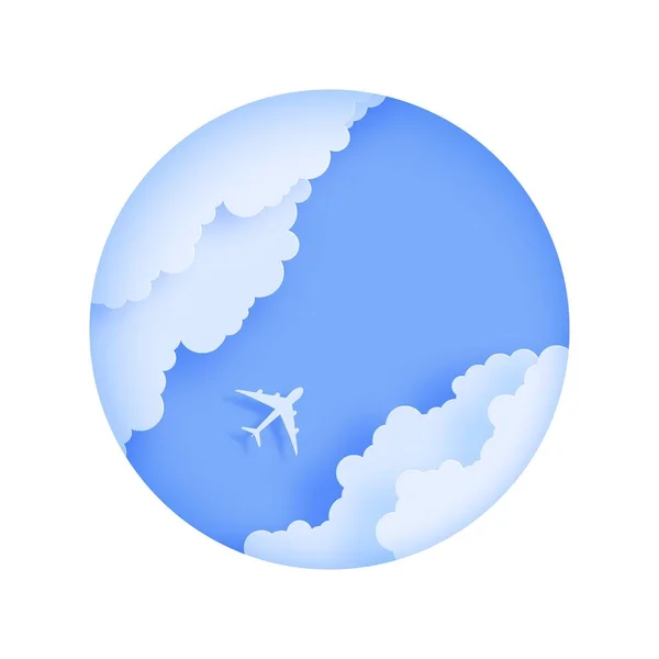Silhouette of a passenger plane flying in the sky in paper cut style Round frame cut out of cardboard clouds and airplane in blue sky. Top view origami landscape. 3d vector travel illustration concept — Stock Vector