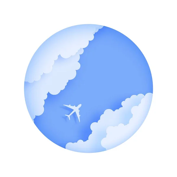 Silueta de un avión de pasajeros volando en el cielo en estilo de corte de papel Marco redondo cortado de nubes de cartón y avión en el cielo azul. Vista superior del paisaje de origami. 3d vector viaje ilustración concepto — Vector de stock