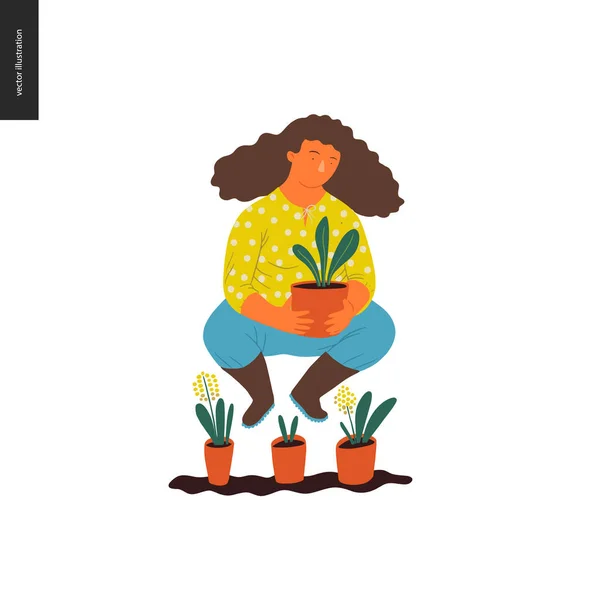 Menschen Sommergarten Flaches Vektorkonzept Illustration Einer Jungen Braunhaarigen Frau Gelber — Stockvektor