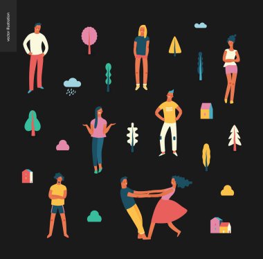 Parlak insanlar portreler ayarla - genç erkek ve kadınlar