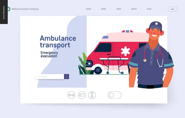 Sağlık sigortası şablonu - ambulans nakli ve acil tahliye — Stok Vektör