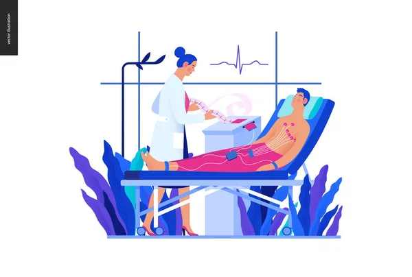 Orvosi vizsgálatok kék illusztráció-Elektrokardiográfia — Stock Vector