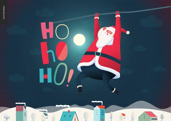 Pověšení Santa Clause-vánoční přání a blahopřání k novému roku — Stockový vektor