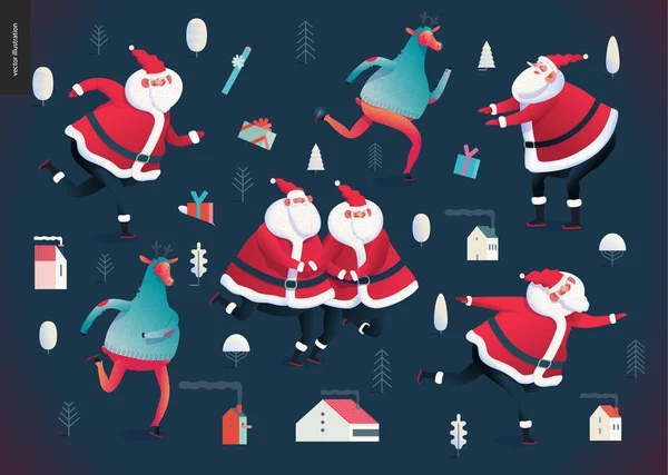 Patinar Papai Noel e Veados - Feliz Natal e ilustração Ano Novo — Vetor de Stock