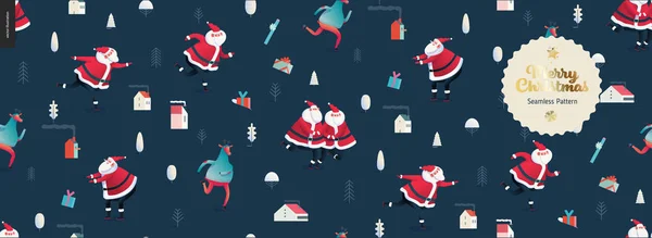 Skating Santa Clauses and Deers - Merry Christmas and New Year pola mulus - Stok Vektor