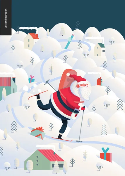 Лыжный Санта-Клаус - Рождественские и новогодние открытки — стоковый вектор