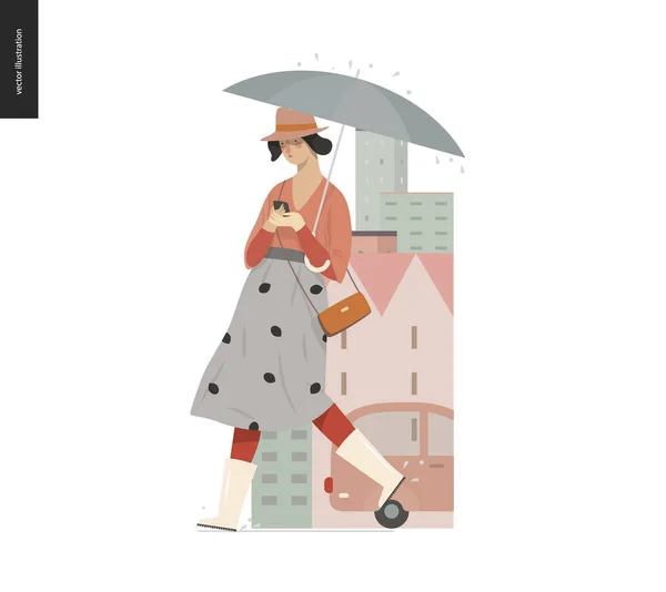 Pioggia - ragazza che cammina — Vettoriale Stock