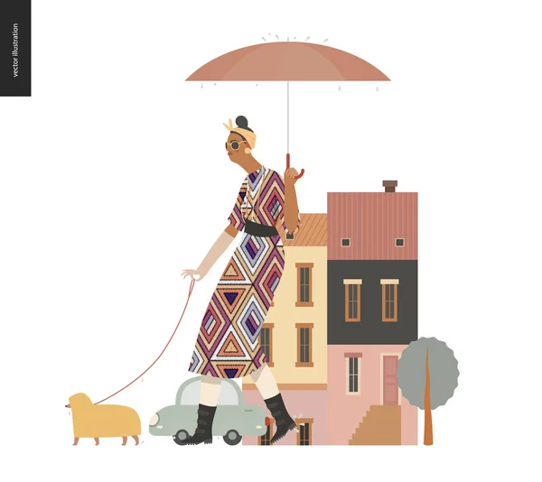 雨 - 犬と一緒に歩く女性 — ストックベクタ