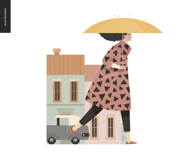 Lluvia - chica caminante — Vector de stock