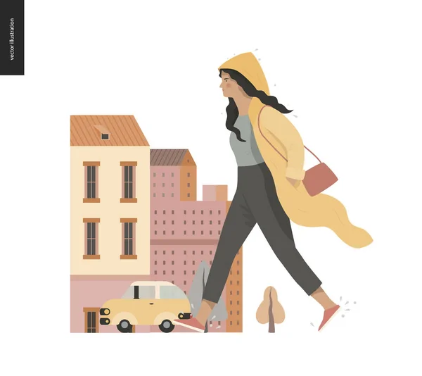 Rain - walking girl wearing raincoat — Stock Vector