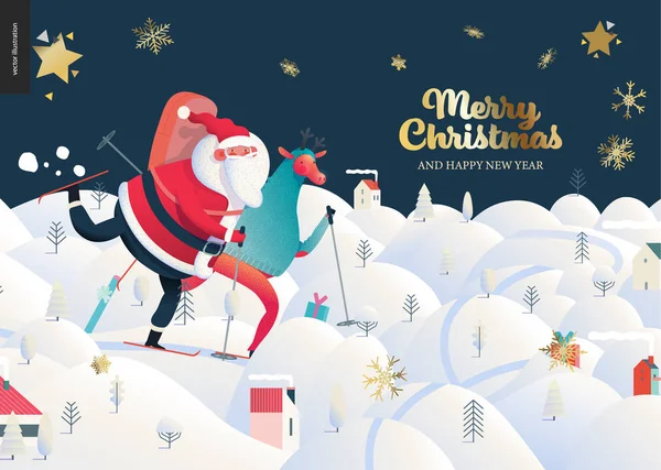 滑雪圣诞老人 - 圣诞广告牌 — 图库矢量图片