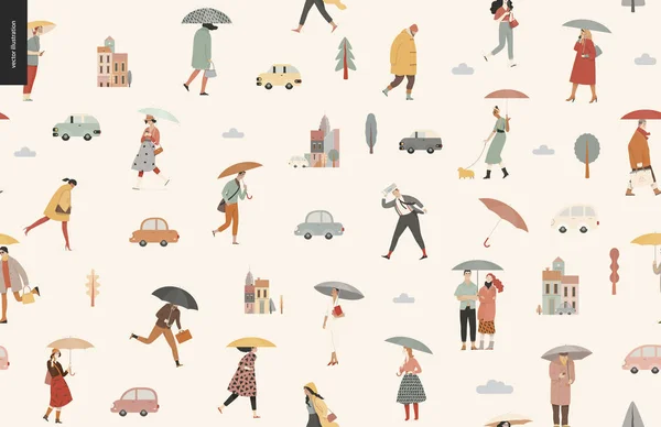 Rain - walking people seamless pattern — Stock Vector