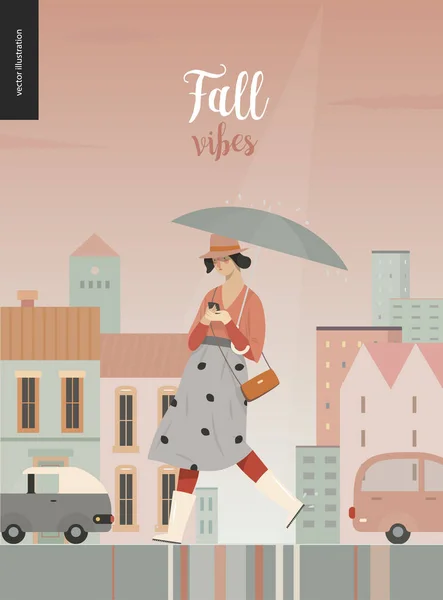 Rain - walking girl — Stock Vector