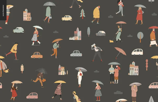 Rain - walking people seamless pattern — Stock Vector