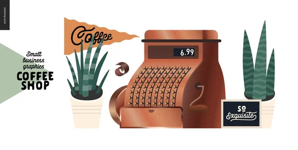 Καφενείο - γραφικά μικρών επιχειρήσεων - vintage ταμειακή μηχανή — Διανυσματικό Αρχείο