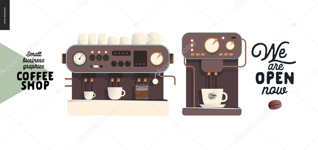 Coffee shop - small business illustrations - coffee machines - modern flat vector concept illustration of two coffee makers with cups and sign We are open mow - constructor set