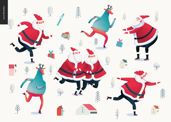 Patinar Papai Noel e Veados - Feliz Natal e ilustração Ano Novo — Vetor de Stock