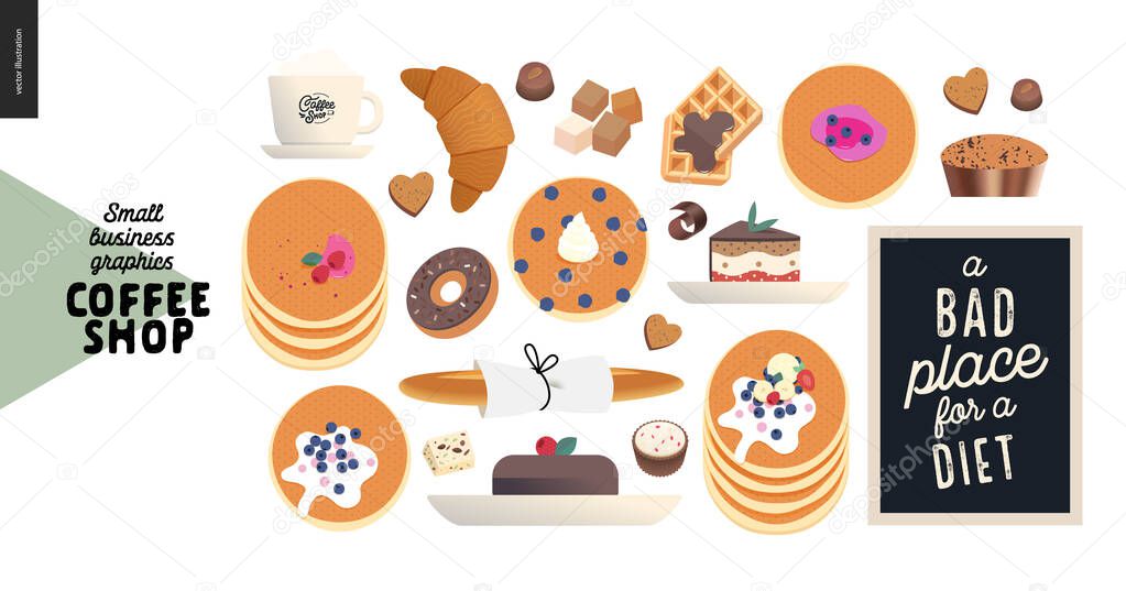 Coffee shop - small business illustrations - pastry - modern flat vector concept illustration of baking -pancakes, cookies, donut, bread, cakes, chocolates, crescent roll and coffee - constructor set
