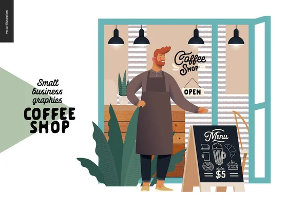 Καφενείο - γραφικά μικρών επιχειρήσεων - ιδιοκτήτης καφέ — Διανυσματικό Αρχείο