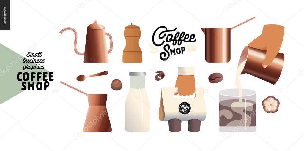 Coffee shop -small business illustrations -coffee pots -modern flat vector concept illustration of various coffee pots, milk bottle, take away pack, cooffee shop logo, beans, cinnamon -constructor set