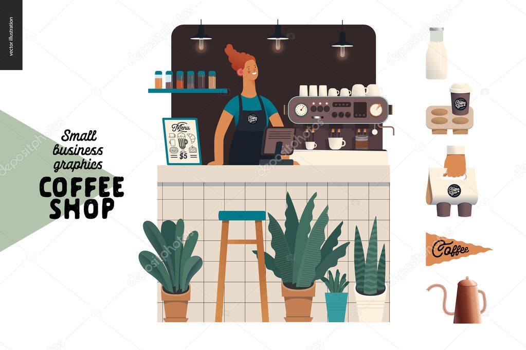 Coffee shop - small business illustrations - barista - modern flat vector concept illustration of a young woman wearing apron at the bar counter, coffee maker, plants, coffee elements
