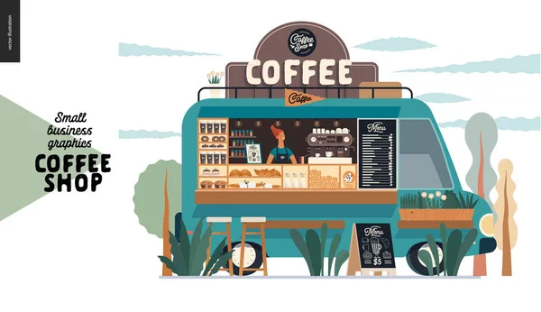 Καφετέρια - μικρές επιχειρήσεις γραφικών - φορτηγό τροφίμων — Διανυσματικό Αρχείο