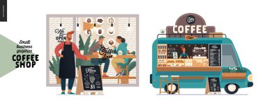 Kahve dükkanı - küçük işletme grafikleri - cephe ve yemek kamyonu
