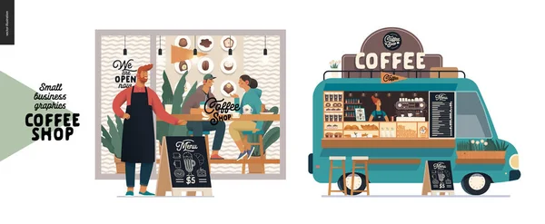 Καφενείο - μικρές επιχειρήσεις γραφικών - πρόσοψη και φορτηγό τροφίμων — Διανυσματικό Αρχείο
