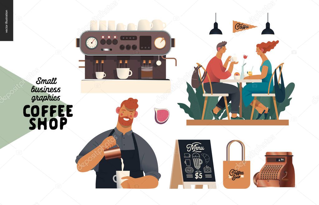 Coffee shop - small business illustrations - set - modern flat vector concept illustration of man barista wearing apron, cash register, coffee maker, visitors, pavement sign, branded bag, elements
